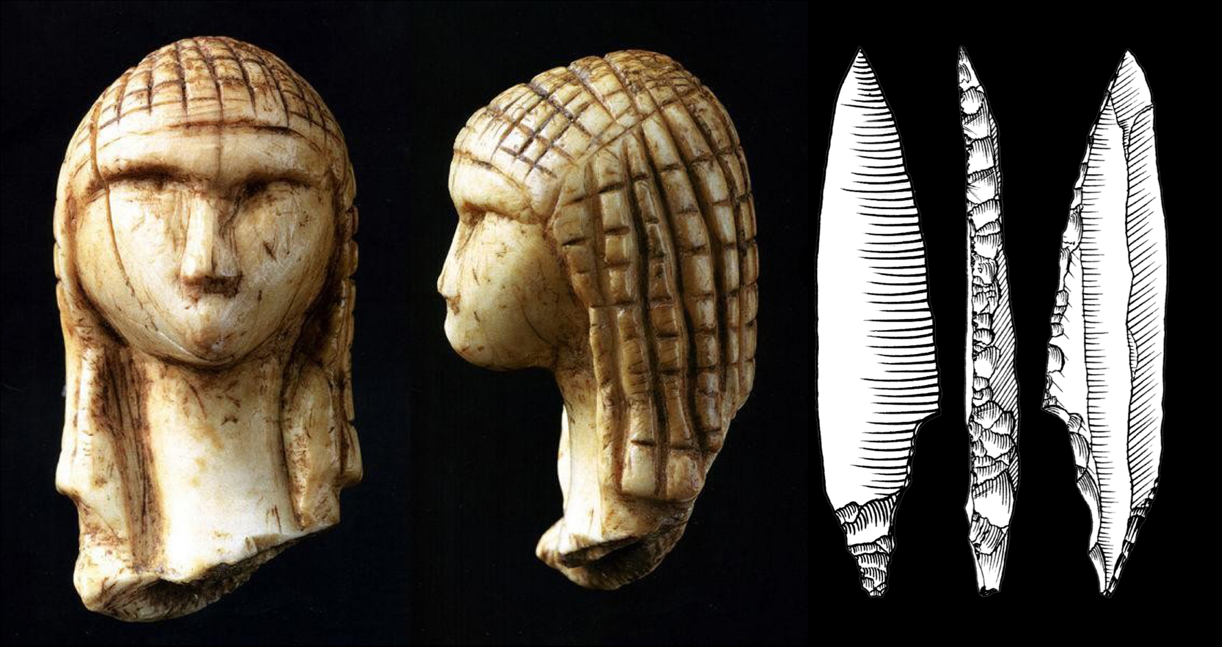 Brassempouy, grotte du Pape : vénus dite la Dame à la capuche en ivoire de Mammouth et pointe à cran. Gravettien, entre 27 000 et 22 000 ans B.P.